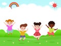 Cute kids Playing on the grass, Happy Children jumping and dancing on the park or playground Template for advertising brochure Royalty Free Stock Photo