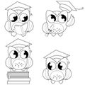 Owls with graduation hats. Vector black and white coloring page