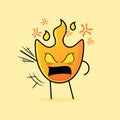 cute fire cartoon with very angry expression.mouth open, hand shaking and eyes bulging