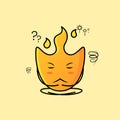 cute fire cartoon with thinking expression. sit cross-legged and eyes closed