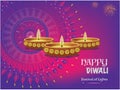 Happy diwali design with diya oil lamp elements on purple rangoli background, bokeh sparkling effect