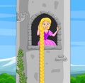 Cartoon beautiful rapunzel at castle window