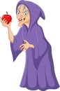 Cartoon old witch holding red apple