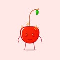 cute cherry cartoon character angry expression. red and green. stand and stare Royalty Free Stock Photo