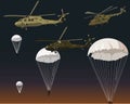 Army helicopter and parachutes icons set.