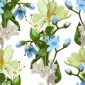 Seamless pattern with yellow blue flowers, oxypetalum, tulip, daffodil flower a white background.