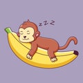 Cute Monkey Sleeping On The Banana. Monkey Icon Concept. Flat Cartoon Style. Suitable for Web Landing Page, Banner, Flyer, Sticker