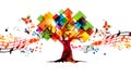 Relaxing music concept with tree and musical notes isolated vector illustration. Calming colorful musical design, nature inspired Royalty Free Stock Photo