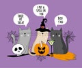 Hand drawn witch cats and speech bubbles. Spooky skull, pumpkin, and potion on broom