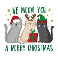 We meow you a Merry Christmas - funny greeting with santa cat, reindeer cat, and elf cat.