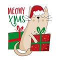 Meowy Christmas - funny greeting with cute cat in Santa hat and Christmas presents.