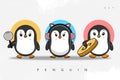 3 cute penguin characters holding a magnifying glass, holding a dollar coin, wearing a pink headset, vector eps 10