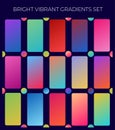 Set of Bright vibrant gradients, Multicolor green purple yellow orange pink cyan fluid circle gradients