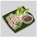 Vector illustration of Thai Rice Noodle Salad Roll, Fresh Vegetable Rice Wraps with shrimp