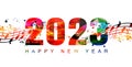 Happy 2023 New Year colorful vector illustration. Happy New Year banner with musical notes for seasonal holiday greeting cards, f