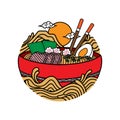 Japanese ramen noodles soup bowl vector icon illustration with vintage retro flat style. Asian Japanese traditional food cuisine. Royalty Free Stock Photo