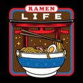 Japanese ramen noodles soup bowl vector icon illustration with vintage retro flat style. Asian Japanese traditional food cuisine. Royalty Free Stock Photo