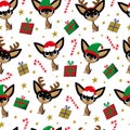Chihuahua dogs in Santa hat, elf hat reindeer antler seamless pattern. Candy cane, and christmas presents.
