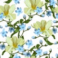 Seamless pattern with blue oxypetalum, tulips flowers, a beige background.