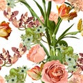 Seamless pattern with creamy orange flowers, oxypetalum, tulip, daffodil, orchids flower on a white background.