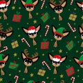 Chihuahua dogs in Santa hat, elf hat reindeer antler seamless pattern. Candy cane, and christmas presents.