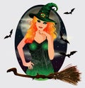 Happy Halloween vip card, full moon and red hair witch