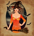 Happy Halloween card, full moon and sexual witch, vector