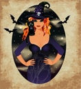 Happy Halloween vip card, black cat and sexual red hair witch, vector