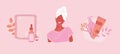 Pamper routine set with skincare elements: face mask, facial cream, face mask sheet. Girl with turban after showering in cartoon s