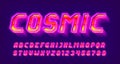 Cosmic alphabet font. Neon shine 3d letters and numbers.