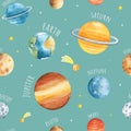 Cute Universe collection. Seamless pastel texture with watercolor stars and planets.