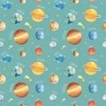 Cute Universe collection. Seamless pastel texture with watercolor stars and planets.