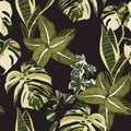 Floral seamless pattern, exotic tropical leaves and plant on black background. Royalty Free Stock Photo