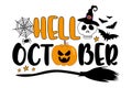 Hello October - Halloween typography design. Skull, spider and Jack O lantern and broom.