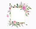 Watercolor Floral Frame, Flowers Border with Roses and Green Leaves Illustration Royalty Free Stock Photo