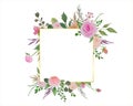 Watercolor Floral Frame, Illustration of Flowers Border with Roses and Green Leaves Royalty Free Stock Photo