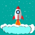 Rocket ship flies up with sky clouds on blue background. Flat icon. Royalty Free Stock Photo