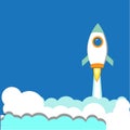 Rocket ship flies up with sky clouds on blue background. Flat icon. Royalty Free Stock Photo