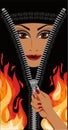 Arab woman in niqab and fire, female hand opens zipper