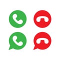 Accept and decline phone icons. Answer and reject symbol Green and red phone handset in chat bubble on blue background Calling