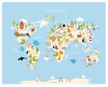 Print. World map for children in gentle tones with lots of animals Royalty Free Stock Photo