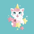 Print. Cute cat takes a selfie. Unicorn cat.