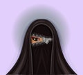 Muslim arab woman in burqa, opens zipper