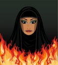 Muslim Arab woman in hijab and fire, mouth closed with a zipper, background vector