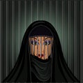 Burka is like a prison. Young muslim woman in hijab metal grate, vector