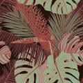 Fashionable seamless tropical pattern with green brown tropical  palms leaves on a black background. Royalty Free Stock Photo