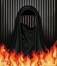 Burka is like a prison. Fire muslim woman in burqa metal bars, background vector