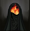 Burka is like a prison. Muslim woman in burqa with flame and metal bars, background vector