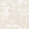 Exotic flowers and palm leaves illustration. Beige seamless pattern. Royalty Free Stock Photo