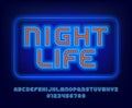 Night Life alphabet font. Blue neon letters, numbers and symbols.